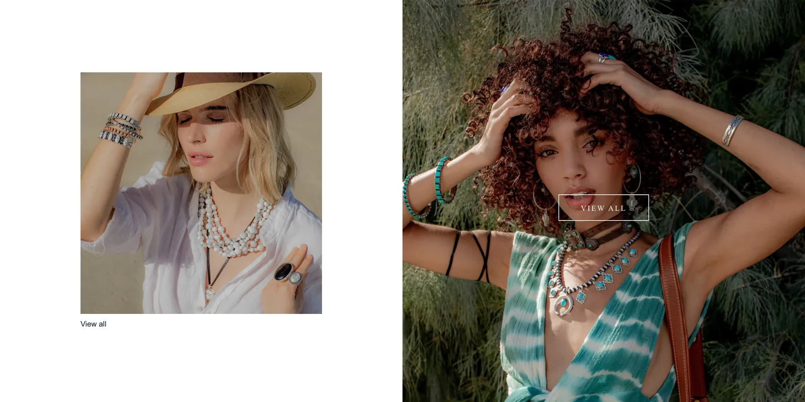 Part of the Don Lucas Shopify home page: two editorial photos of models wearing Southwestern silver and turquoise jewelry, set in a staggered layout